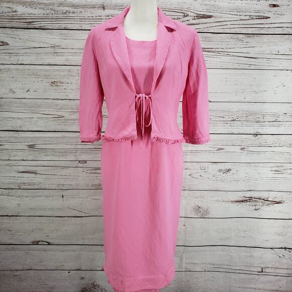 Positive Attitude Pink Linen Blend Sheath Dress Ruffle Trim Jacket Set Size 6 - Picture 2 of 12